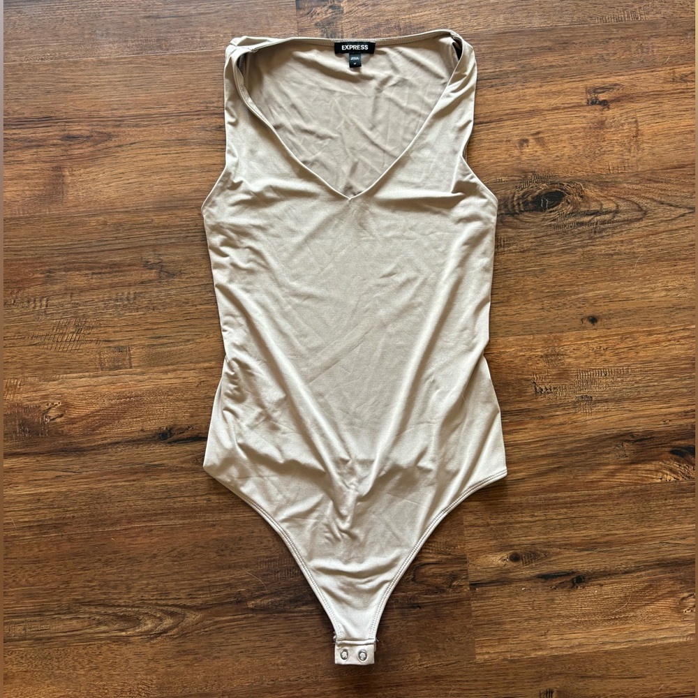 Express Beige compression Bodysuit with V-Neck